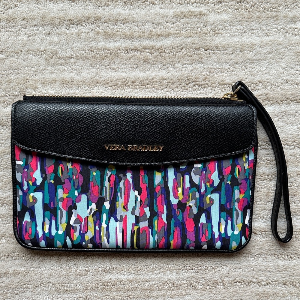 Vera Bradley Envelope Wristlet Watercolor Brushstrokes Black Leather Trim Clutch